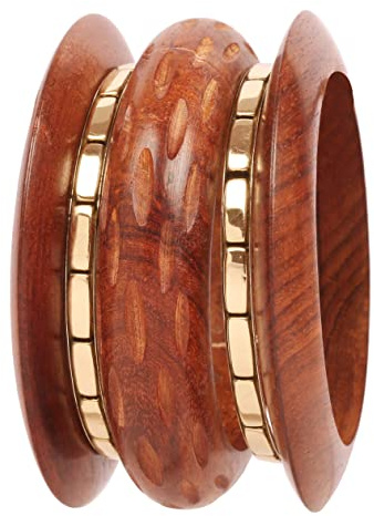 Touchstone Bracciale indiano Bollywood in legno naturale tagliato a mano con simpatici motivi assortiti in ottone da donna, XL - Circ 8.6 in-Indn Size 2.12-Dia 2.7 in, legno ottone, senza gemme, XL -