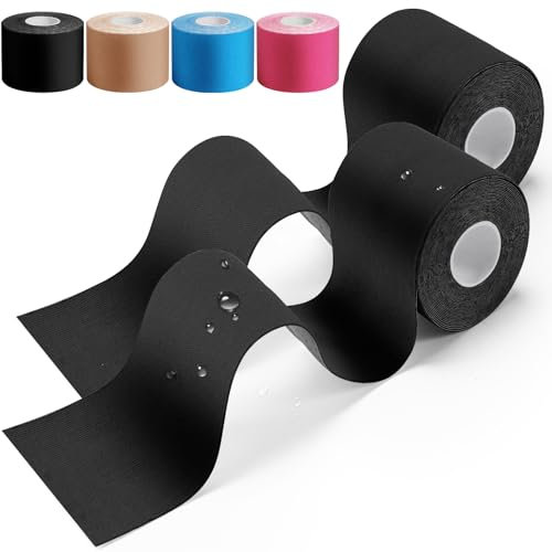 HONYAO® Kinesiotapes 2 Rollen, Kinesiologie Tape (5m×5cm), Physio Tape für Schulter, Rücken, Knie, Ellenbogen und Nacken, Tape Sport, Hautfreundlich, Elastisch & Wasserfest - Schwarz
