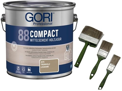 zbs24 Gori 88 Compactlasur treibholz 2,5 Liter Holzschutzlasur, tropfgehemmte Mittelschichtlasur, inkl. 3-teiliges Pinselset zur einfachen Verarbeitung der Lasur