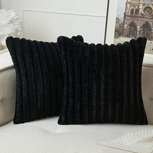 MIULEE Plüsch Samt Kissenbezug Kissenbezüge Kunstpelz Weich Moderne Sofakissen Dekokissen Glatter Reißverschluss Waschbar Deko Kissenhülle für Wohnzimmer Schlafzimmer Sofa 2er Set 50x50 cm Schwarz