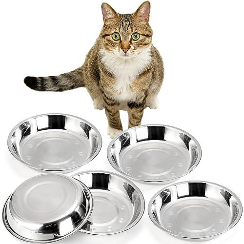 DEAYOU Paquete de 5 Cuencos de Acero Inoxidable para Gatos, Plato de Metal de 7.75 Pulgadas, Cuenco básico de alimentación para Mascotas de 16 onzas para Gatitos, Cachorros, Plato Ancho y Poco
