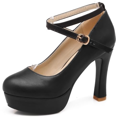 Scarpe Mary Jane da Donna con Tacco Largo, Pompe al Tallone Alto Punta Rotonda Fibbia Scarpe da Sera con Plateau Criss Cross Strap Eleganti Qaurcv Nero Numero 32 EU
