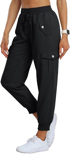 JINSHI Pantalon de Randonnée Femme Cargo Jogging Pantalon Léger Séchage Rapide Pantalon Sport Extérieur Trekking Multi-Poches Noir Taille M