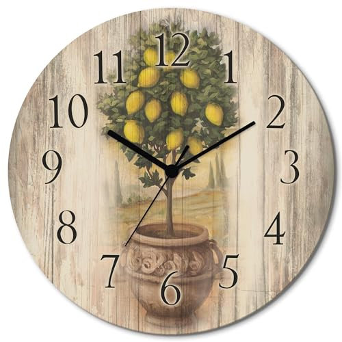 ARTLAND Wanddeko Wanduhr ohne Tickgeräusche aus Holz Funkuhr lautlos rund Ø 30 cm Zitronenbaum mit Holzoptik U0PT Pflanzen Obstbaum