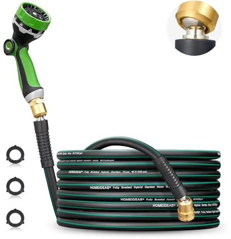 HOMEIDEAS 25 ft Rubber Garden Hose with Nozzle - Newly Leak-proof & Kink-free Design | Freely Rotational Spherical Ball Joint, Anticorrosive 3/4 Brass Fittings - Perfect for Outdoor Watering