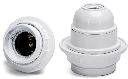 Portalámpara E27 de baquelita blanca con tornillo autoblocante y media rosca, ideal para instalaciones eléctricas seguras y decorativas.