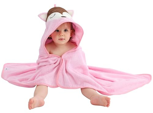 HAHASHOW Ragazzo Ragazza Bambù Asciugamano Da Bagno Con Cappuccio, Asciugamano Con Simpatico Design Animale, Asciugamani Grandi e Assorbenti Per Bambini Per Neonato,Volpe Rosa Infant 75 * 100 cm.