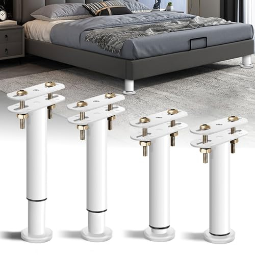 Bocguy 4 patas de cama para muebles, patas ajustables en altura, soporte de metal en forma de T, pie de apoyo retráctil para vigas centrales de cama, sofá, armario, mesa (blanco, 25-42 cm)