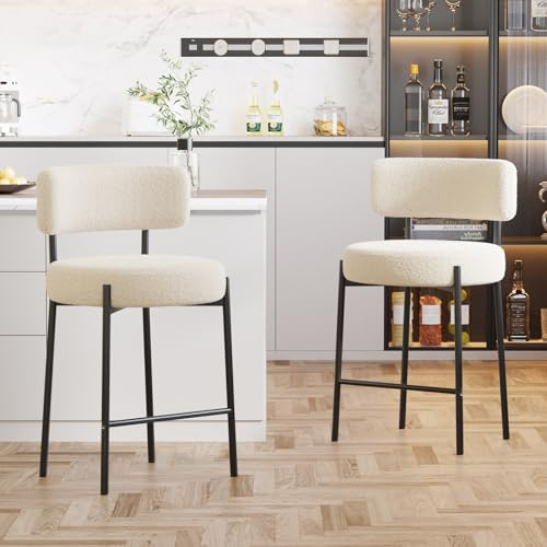 Ckaff Lot de 2 Tabouret de Bar, Chaise de Bar, Chaise de Cuisine Hauteur 63.5cm, Tabourets de Comptoir, Tabouret de Bistrot, Siège Rembourré avec Dossier, Repose-Pieds pour Cuisine, Bar, Blanc
