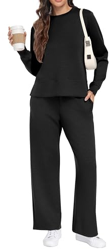 GRECERELLE - Tuta da donna in due pezzi, tuta da jogging, tuta da allenamento, outfit autunnali, tuta da jogging a maniche lunghe, top casual a girocollo e pantaloni da allenamento con tasche, Nero