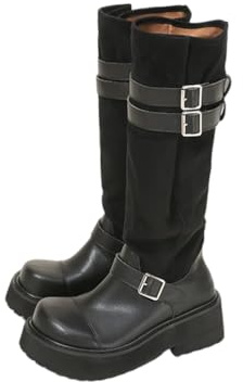 Stivali da Donna Alti Fino al Ginocchio con Piattaforma, Suola Spessa Antiscivolo, Stivali da Combattimento da Equitazione, per spostamenti, Viaggi e Outfit da Festival,Nero,40 EU