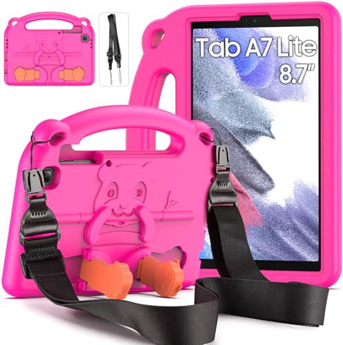 DUZZONA Custodia Bambini per Samsung Galaxy Tab A7 Lite 8,7 pollici (SM-T220/T225/T227), leggera custodia antiurto con tracolla, maniglia e cavalletto per Tab A7 Lite, Magenta