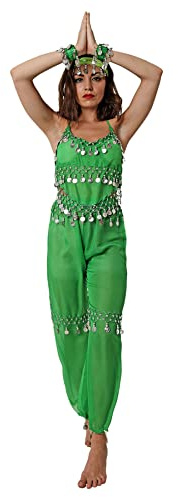 Costumizate! Conjunto para Danza del Vientre para Mujer adulta. Contiene: Top y pantalón, Ambos con colgantes que suenan. Material predominante : Poliéster. Colores a elegir (Verde)