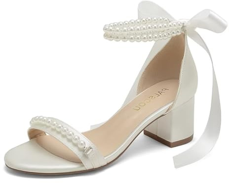 Block Heel Wedding Sandals Open Toe Pearl Wedding Shoes for Bride Low Heel Bridal Shoes Chunky Heel Sandals-Ivory-8.5