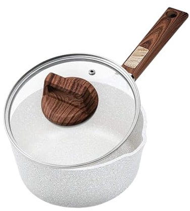 Sartén antiadherente para leche, sartén multifunción con tapa, mango de madera, color blanco, 16 cm