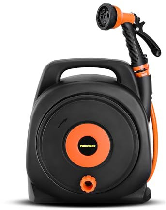 ValueMax Hose Reel 15m, Portable Hose Pipe Reel with 8 Adjustable Spray Gun Nozzles, Retractable and Simple Rewind, Lightweight Garden Hose Reel for Small Gardens