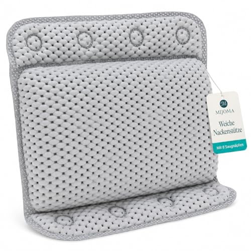 MIJOMA Badkarskudde – mjuk nackkudde för badkaret med 8 sugkoppar – bekvämt nackstöd – snabbtorkande och halkfri – HBT: 29 x 30 x 5,5 cm (grå)