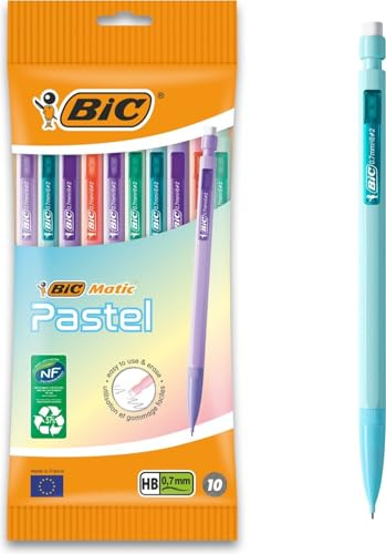 BIC Matic Pastel Trousse de 10 porte-mines à pointe 0,7 mm, 5 couleurs pastel différentes, 3 pointes HB de 0,7, faciles à effacer