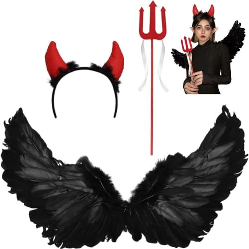 Fopytu Halloween Devil Costume Set with Devil Wings, Pitchfork, Horn Headband, Halloween Devil Cosplay Costume Accessories
