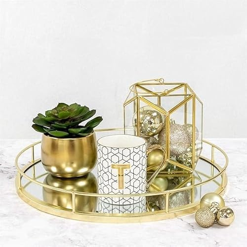 DEENZ Round Gold Mirrored Decorative Tray Deep Metal Serving Platter Circular Framed Storage Dish Table Decoration Candle Holder Geometric Shape Counter Top Perfume & Makeup Organiser 37.5 X 4.5 Cm