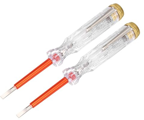 sourcing map 2 Pcs Voltage Tester Pen, 3.4mm Flat Head Electrical Test Screwdriver, AC 100-500V Circuit Detector with Neon Light Indicator for Industrial and Home Circuit Testing,Clear, Gold