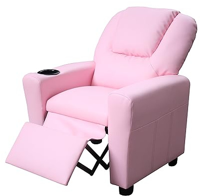 Toddler Recliner Chair for Kids Ages 1-4 – PU Leather Upholstered Kids Sofa with Cup Holder, Adjustable Backrest & Footrest, Comfortable Single Armchair for Boys & Girls Bedroom Living Room (Pink)
