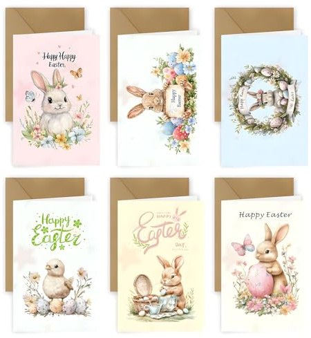 6 Pcs Easter Cards with Envelopes, Happy Easter Greeting Cards, Retro Card, Rabbit Eggs Greeting, Egg Floral Bunny Note Card for Party Gathering