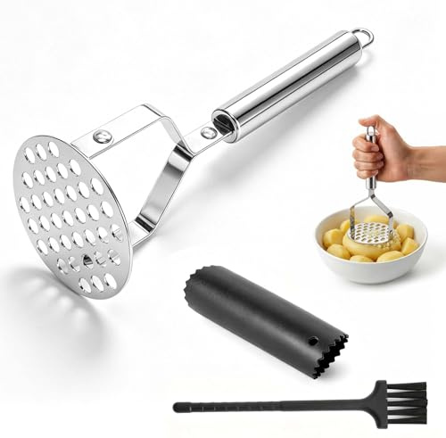 Set Machacador de Patatas Machacador de Patatas de Acero Inoxidable con Pelador de Ajos de Silicona Cepillo y Gancho Prensa Patatas Manual para Puré Una gran variedad de purés de verduras deliciosos