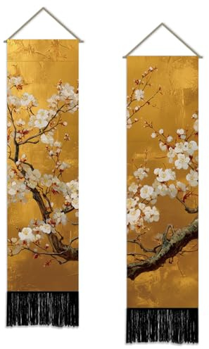 SUPERDANT 2Pcs Golden Background White Plum Blossom Tapestry 130x33cm | Chinoiserie Oriental Floral Long Vertical Wall Tapestry Plum Blossom Wall Hanging for Home Bedroom Living Room Decoration
