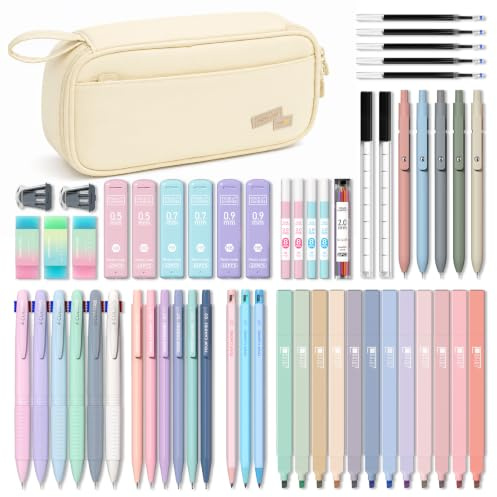 Four Candies 56 PCS Aesthetic School Supplies with Cute Pencil Case Cream | 6 Multicolor Pens, 12 Pastel Highlighters, 5 Black Gel Pens, 9 Mechanical Pencils, Student Stationery Set College Essentials