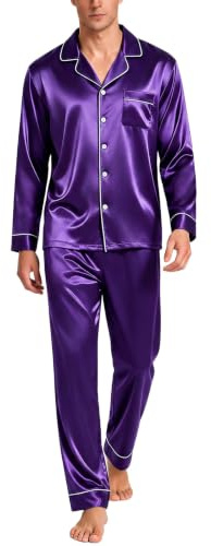 SWOMOG Mens Satin Pyjamas Set Long Sleeve Button Down Sleepwear Silk Pyjama Set Men Blouse and Long Pants PJs
