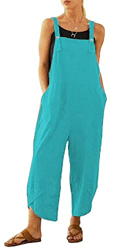 BRONG Kvinnors overaller ledig klädsel hängselbyxor mjukt bomullslinne dam jumpsuit säckig lekdräkt justerbara remmar med fickor, Blå (Lake blå), 5XL