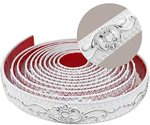 AXYWINBO® Zierleisten Selbstklebend,5m*3.6cm Wandleisten Selbstklebend Silber PVC Weichsockelleiste Europäische Vintage,Zierleiste für Schrank,Spiegelrahmen,Wandkante,Heimdekoration