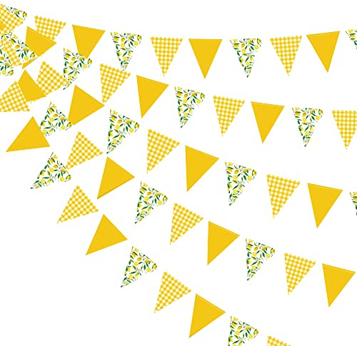 pinkblume 44 Ft/13.5M Citron Décorations De Fête Jaune Plaid Floral Citron Bannière Bruant Suspendu Papier Triangle Guirlande Streamer pour Mariage Baby Bapteme Fournitures De Fête d'anniversaire