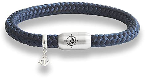 Das Original Yacht Club Kompass Gravur Segeltau Unisex Armband Mit Anker Anhänger Unisex Geflochten Handmade Hochwertiger Magnetverschluss Durchmesser 8mm (Marine-Blau, 21.00)
