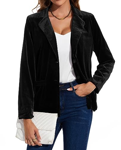 MINTLIMIT Samt-Blazer für Damen, lässig, Arbeit, Büro, langärmelig, gekerbtes Revers, Button-Down-Blazer, Jacke mit Taschen, Oberbekleidung, Schwarz , 52