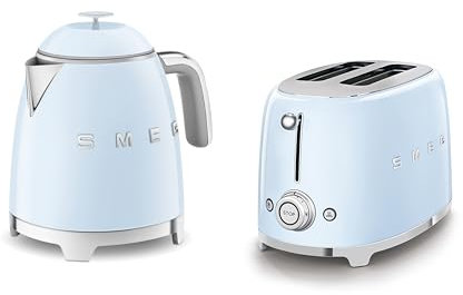 Smeg 50’s Style Retro Range Breakfast Set, 0.8L 1400W Mini Kettle and Multi-Functional Control 2-Slice 950W Toaster, Pastel Blue, KLF05PBUK/ TSF01PBUK
