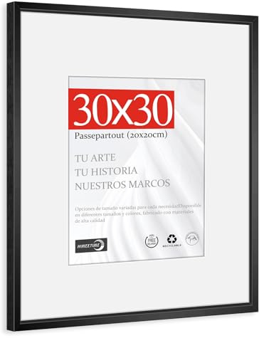 HIMEETIME® 1x Marco de Fotos 30x30 cm Aluminio Metálico Cepillado Negro | Passepartout 20x20 cm，Marco 30x30cm Cuadrado mediano Certificados y Diplomas，Solo para Montaje en Pared