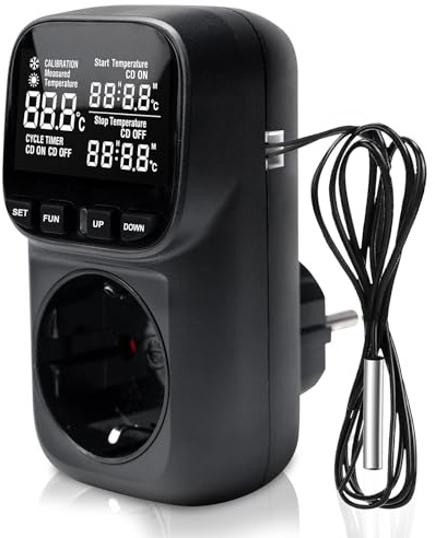 Temperaturregulator 230 V, termostatuttag med VA-display - digital termostat med timer och sond, temperaturbrytare för växthus, akvarium, kylskåp, terrarium