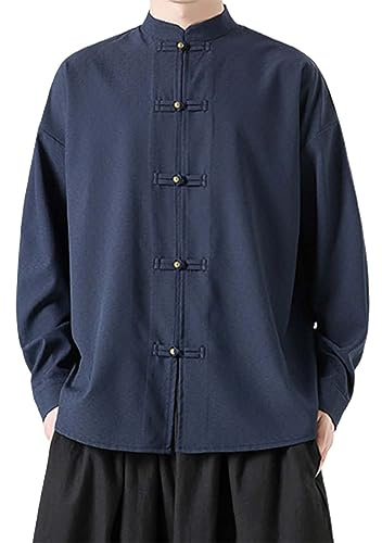 VEMOW Camicia Uomo Tradizionale Cinese in Cotone e Lino - per Tai Chi e Kung Fu, Colletto Mandarino con Bottoni a Rana