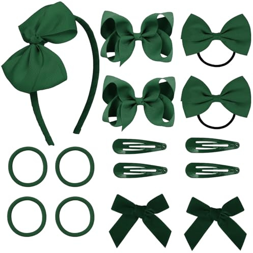 Paquete de 15 accesorios para el cabello de niña en color verde, diadema con lazo negro, clips para el cabello, cintas elásticas para niñas, bebés y adolescentes