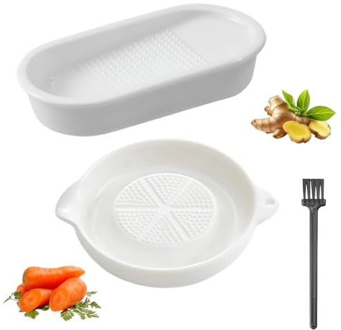 2 Stück Keramikreibe (Kreis + Rechteck), Knoblauchreibe, Ingwerreibe, Reibeteller, Inklusive Bürste, Leicht Zu Reinigen, Geeignet Zum Zerkleinern Von Ingwer, Knoblauch, Zwiebeln und Äpfeln (Weiß)