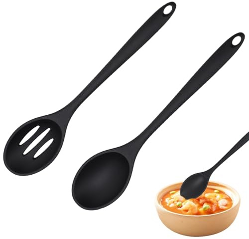 Set di 2 cucchiai da cucina in silicone nero, resistenti al calore, con fessure e cucchiaio solido, antiaderenti, utensili da cucina per miscelare e scolare, gadget da cucina neri per cuochi