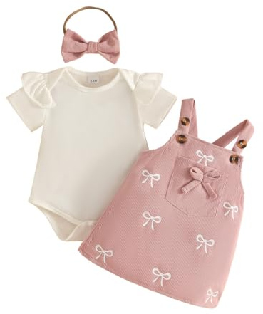 Vêtement Bébé Fille à Bretelles Jupes Nœuds /Imprimé Fleurs+Shirt Ensemble | Top col Rond Uni à Manche Courte/Longue,Robe Chasuble à Bretelles Réglables,Ensemble Salopette Jupe Bébés,Adorable et Mignon