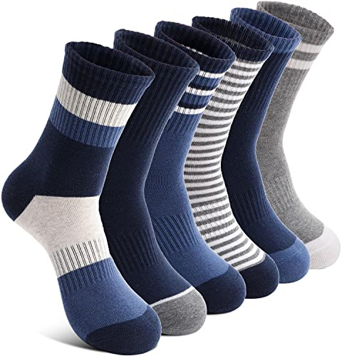 Welwoos Kids Boys Socks Athletic Sport Crew Cotton Breathable Soft Gift Socks 6 Pairs Stocking Stuffers (Splice/Grey/Blue,9-15Y)