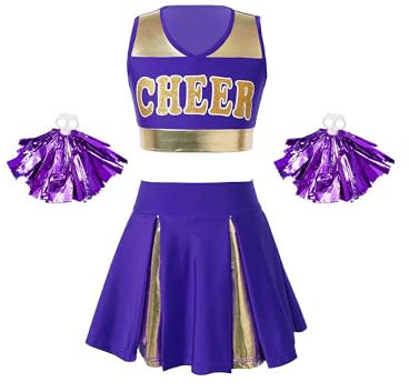 Oyolan Mädchen Cheerleading Kostüm Uniform Crop Top Faltenrock und Pom Pom Fasching Karneval Cosplay Outfit Violett 158-164