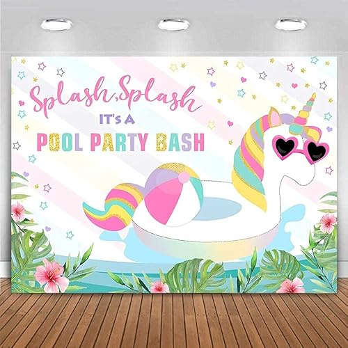 Sommar pool fest bakgrund simma stänk vattenvåg för flicka födelsedag banderoll livboj bakgrund palmblad rosa blomma