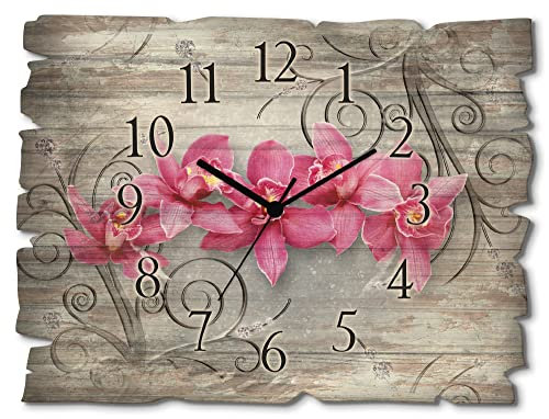 ARTLAND Wanddeko Wanduhr ohne Tickgeräusche aus Holz Funk Uhr lautlos Rechteckig 40x30 cm Pflanzen Blumen Orchidee Rosa Pink Ornamente Vintage U1QT