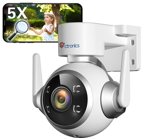 Ctronics 5X Zoom Optique Caméra Surveillance WiFi Exterieure,2,4/5GHz WiFi IP Camera Suivi Auto & Détection Humaine,Vision Nocturne Couleur,Audio Bidirectionnel,3 Méthodes d'Installation,IP66