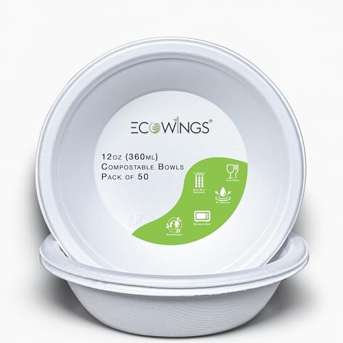 ECOWINGS 12oz (360ml) Disposable Bowls: Sustainable Serving Solutions for Parties. Replace Plastic Mixing Bowls and Paper Bowls with Biodegradable Microwavable Bowls. 50-Pack Value!
